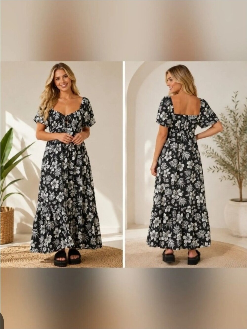 Rip Curl Floral Maxi Dress Black White Boho Short Sleeve Size M NWT $79.95